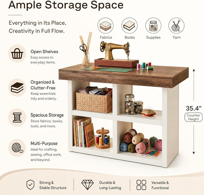 55" Sewing Cabinet Table, 4 Open Compartments, Counter Height Art Craft Storage Desk