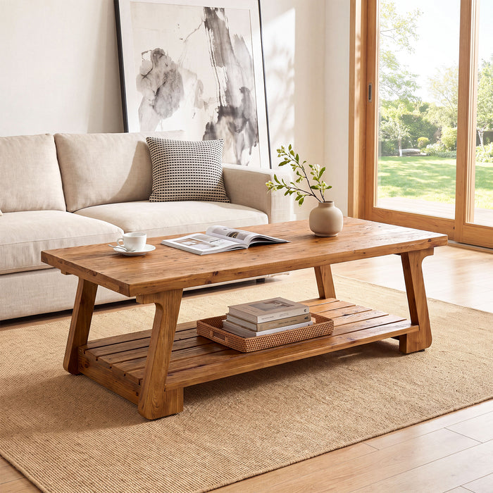 55" Solid Wood Coffee Table with Slatted Storage Shelf