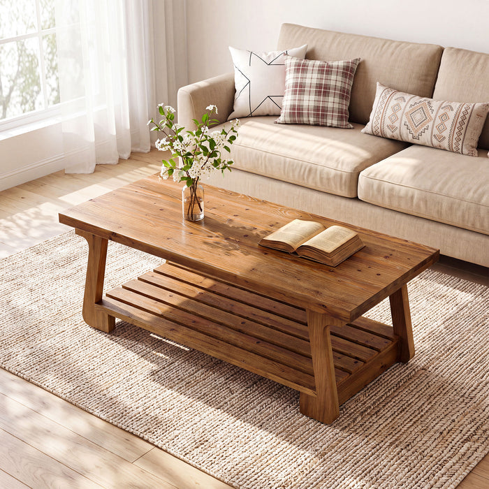 55" Solid Wood Coffee Table with Slatted Storage Shelf