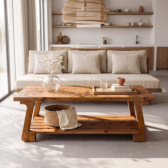 55" Solid Wood Coffee Table with Slatted Storage Shelf