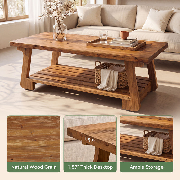 55" Solid Wood Coffee Table with Slatted Storage Shelf