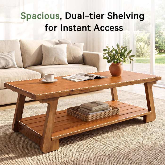 55" Solid Wood Coffee Table with Slatted Storage Shelf