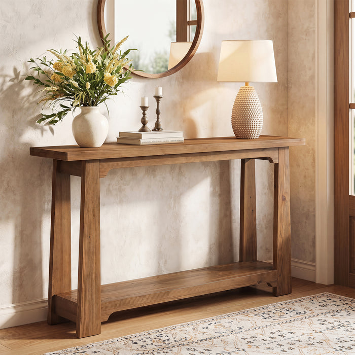 55" Solid Wood Console Table, Farmhouse Entryway Table with Storage Shelf for Hallway