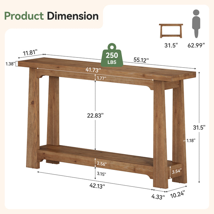 55" Solid Wood Console Table, Farmhouse Entryway Table with Storage Shelf for Hallway