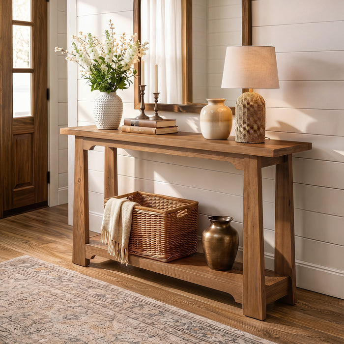 55" Solid Wood Console Table, Farmhouse Entryway Table with Storage Shelf for Hallway