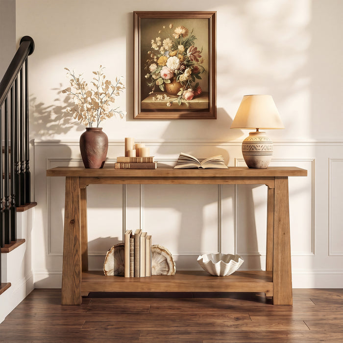 55" Solid Wood Console Table, Farmhouse Entryway Table with Storage Shelf for Hallway