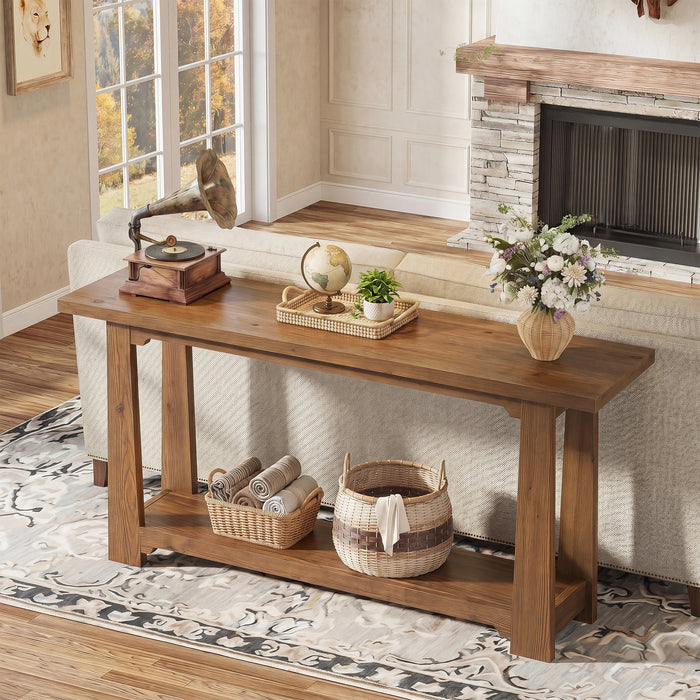55" Solid Wood Console Table, Farmhouse Entryway Table with Storage Shelf for Hallway