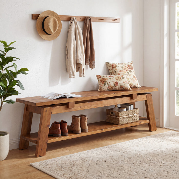 55" Solid Wood Entryway Bench, Farmhouse End of Bed Bench with Shoe Storage