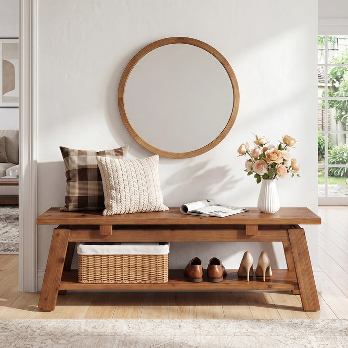 55" Solid Wood Entryway Bench, Farmhouse End of Bed Bench with Shoe Storage