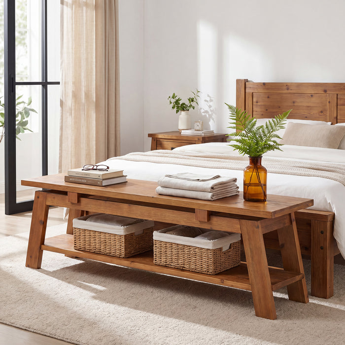 55" Solid Wood Entryway Bench, Farmhouse End of Bed Bench with Shoe Storage
