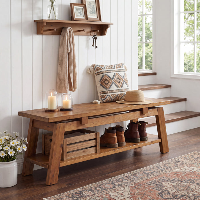 55" Solid Wood Entryway Bench, Farmhouse End of Bed Bench with Shoe Storage