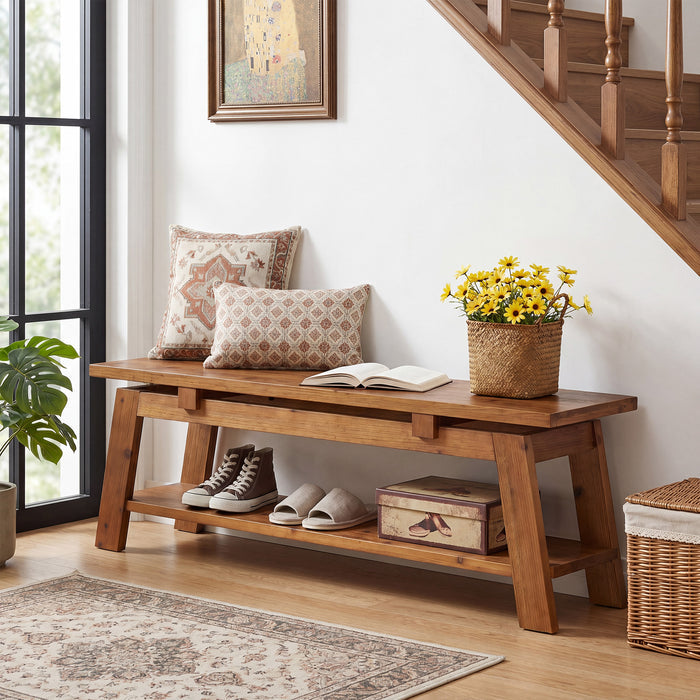 55" Solid Wood Entryway Bench, Farmhouse End of Bed Bench with Shoe Storage