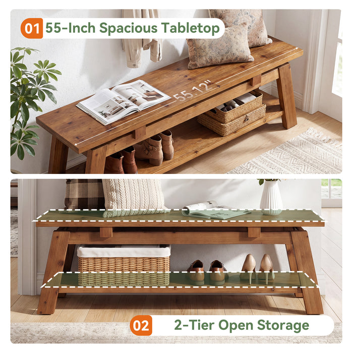 55" Solid Wood Entryway Bench, Farmhouse End of Bed Bench with Shoe Storage