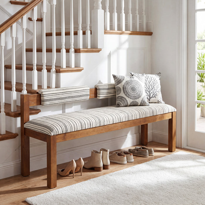 55" Solid Wood Entryway Bench, Upholstered Bench End of Bed Bench with Backrest