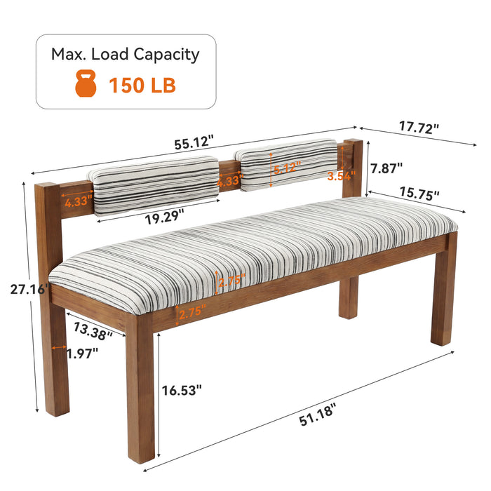 55" Solid Wood Entryway Bench, Upholstered Bench End of Bed Bench with Backrest