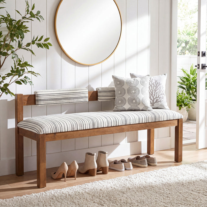 55" Solid Wood Entryway Bench, Upholstered Bench End of Bed Bench with Backrest
