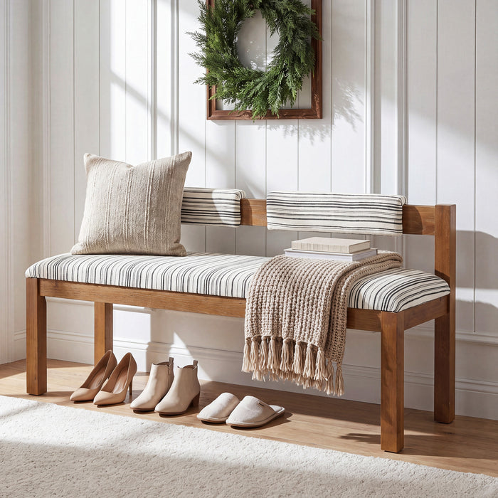 55" Solid Wood Entryway Bench, Upholstered Bench End of Bed Bench with Backrest