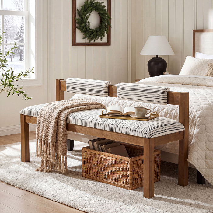 55" Solid Wood Entryway Bench, Upholstered Bench End of Bed Bench with Backrest