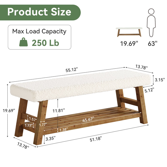 55" Upholstered Dining Bench, 2-Tier Solid Wood Kitchen Table Bench with Cushion