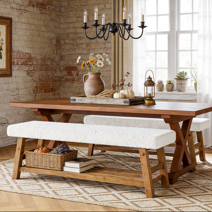 55" Upholstered Dining Bench, 2-Tier Solid Wood Kitchen Table Bench with Cushion