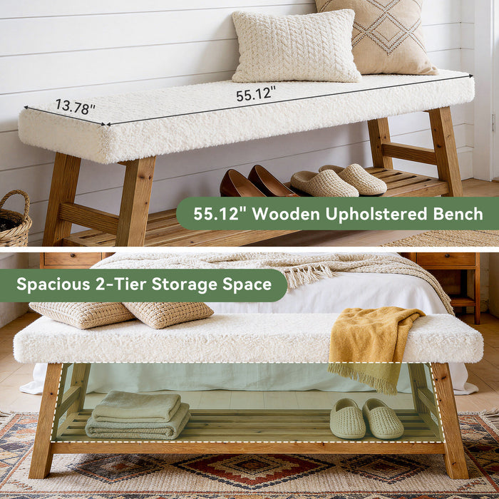 55" Upholstered Dining Bench, 2-Tier Solid Wood Kitchen Table Bench with Cushion