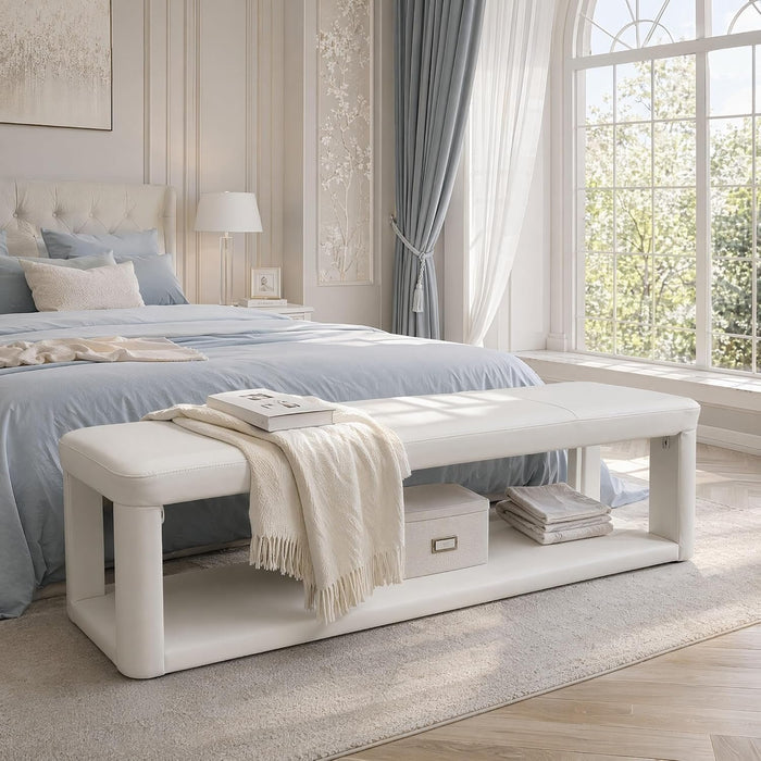 55" Upholstered Entryway Bench, Modern 2-Tier Padded End of Bed Bench for Living room & Bedroom
