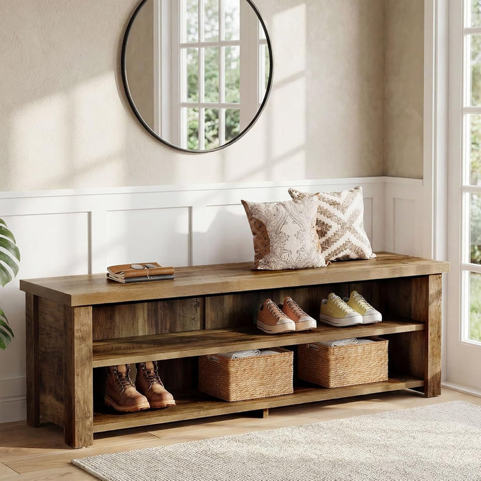 55.1" Entryway Bench with Storage, 2-Tier Farmhouse Shoe Storage Rack for Entryway