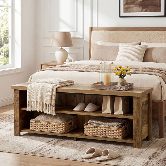 55.1" Entryway Bench with Storage, 2-Tier Farmhouse Shoe Storage Rack for Entryway