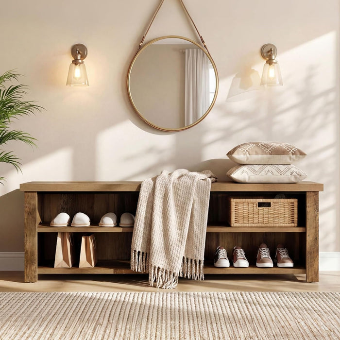 55.1" Entryway Bench with Storage, 2-Tier Farmhouse Shoe Storage Rack for Entryway