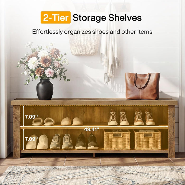 55.1" Entryway Bench with Storage, 2-Tier Farmhouse Shoe Storage Rack for Entryway