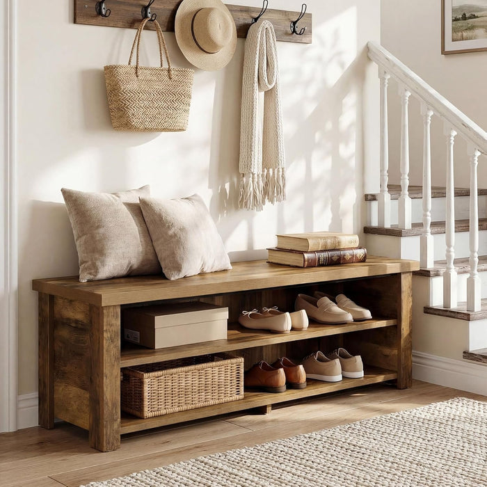 55.1" Entryway Bench with Storage, 2-Tier Farmhouse Shoe Storage Rack for Entryway