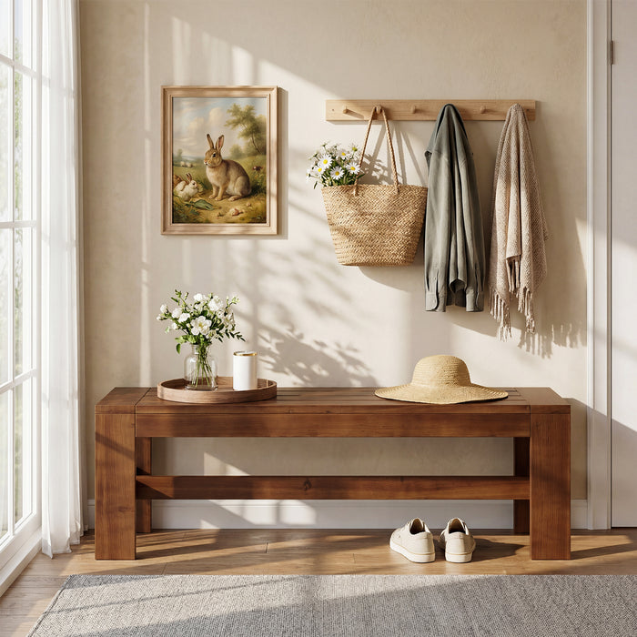 55.12" Solid Wood Entryway Bench, Farmhouse Indoor End of Bed Bench