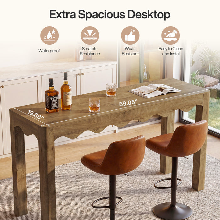 59" Bar Table for 4-6, Counter Height Pub Table with Wavy Curved Apron