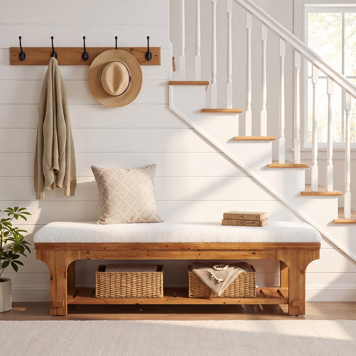 59" Entryway Bench with Boucle Cushion, Slatted Storage Shelf, Rustic Solid Wood, Hallway