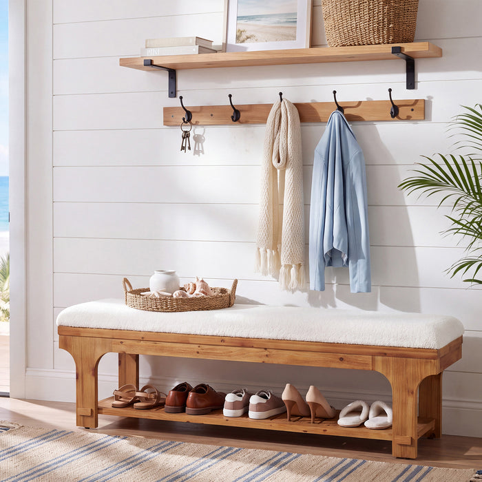59" Entryway Bench with Boucle Cushion, Slatted Storage Shelf, Rustic Solid Wood, Hallway