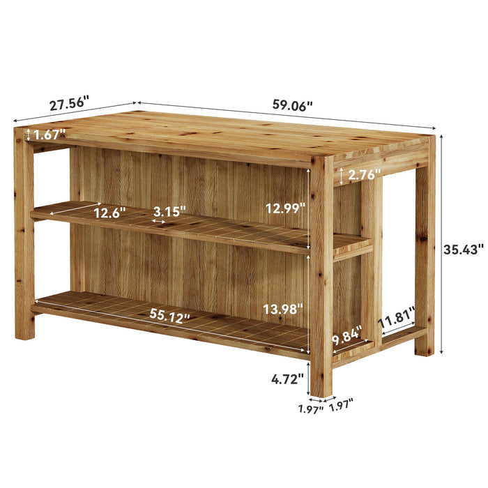 59" Farmhouse Kitchen Island, Solid Wood Dining Prep Table With 2 Open Storage Shelves