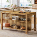 59" Farmhouse Kitchen Island, Solid Wood Dining Prep Table With 2 Open Storage Shelves