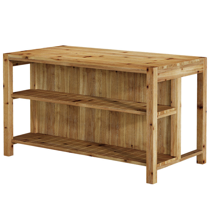 59" Farmhouse Kitchen Island, Solid Wood Dining Prep Table With 2 Open Storage Shelves
