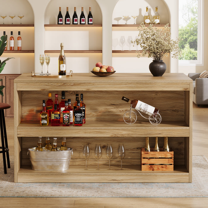 59" Home Bar Table, Rectangular Pub Table Coffee Bar Cabinet with 2-Tier Open Shelves