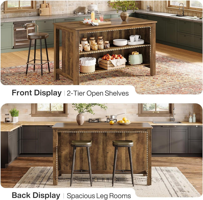 59" Kitchen Island, Farmhouse Stationary Island Table with Storage for Kitchen