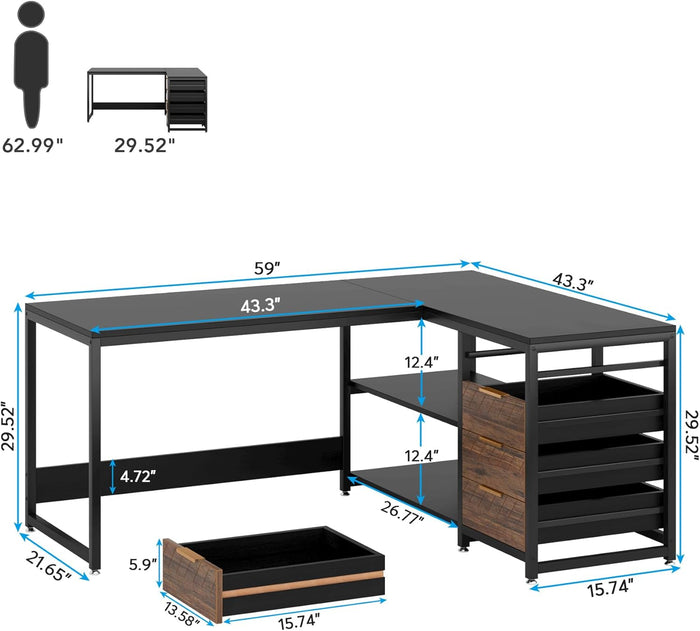 59-Inch Reversible Black Corner Desk Size