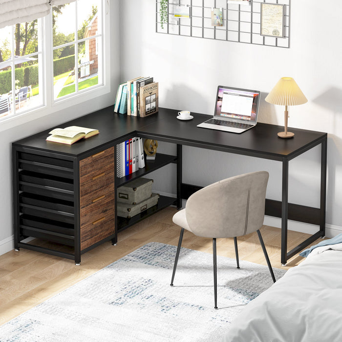 59" l-shaped reversible corner desk with drawers and shelves