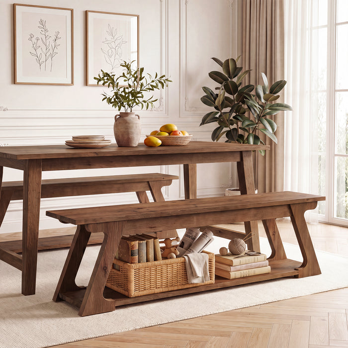 59" Solid Wood Dining Bench, Narrow Indoor Bench with Storage Shelf