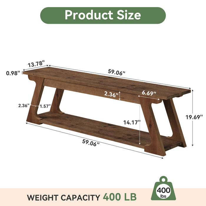 59" Solid Wood Dining Bench, Narrow Indoor Bench with Storage Shelf