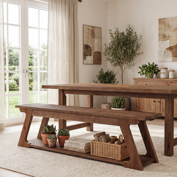 59" Solid Wood Dining Bench, Narrow Indoor Bench with Storage Shelf
