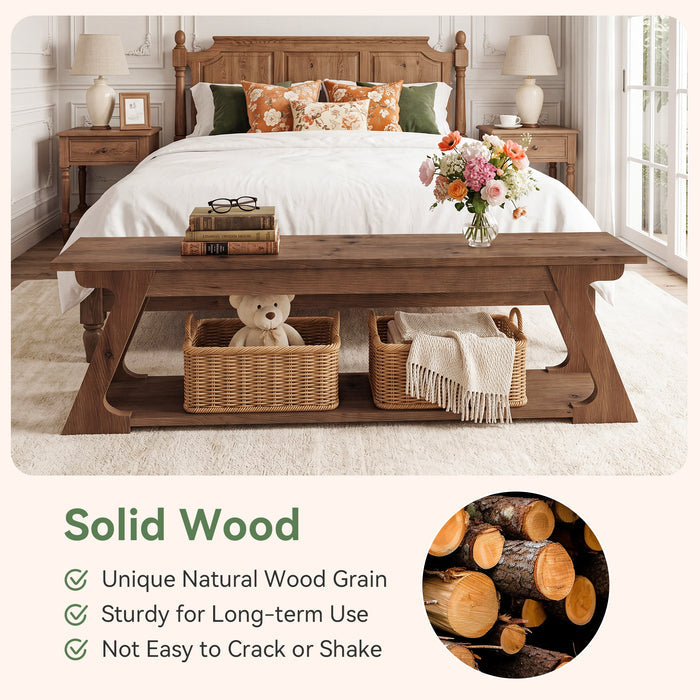 59" Solid Wood Dining Bench, Narrow Indoor Bench with Storage Shelf