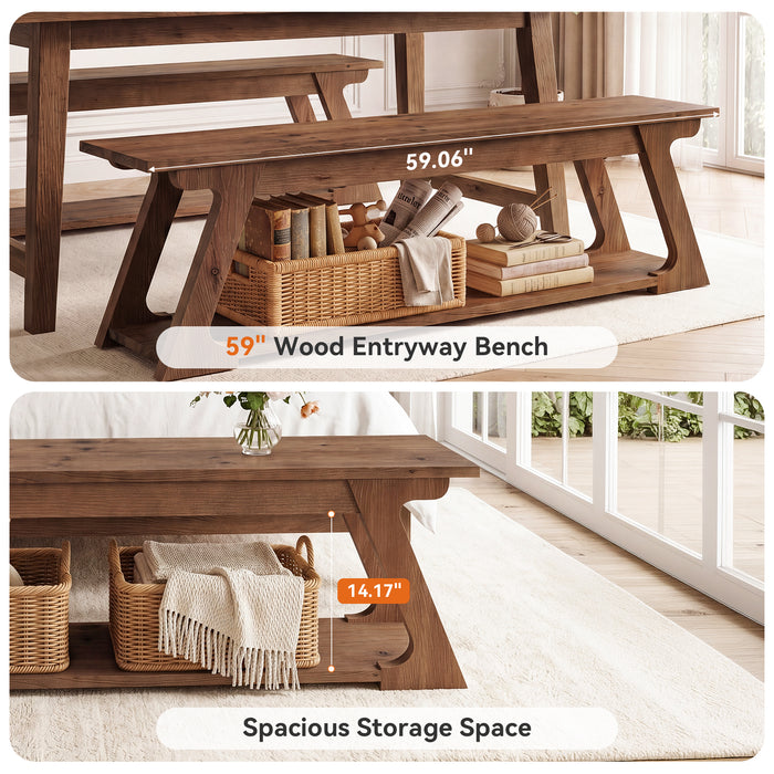 59" Solid Wood Dining Bench, Narrow Indoor Bench with Storage Shelf