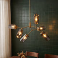 6-Light Branch Chandelier, Modern Adjustable-Height Pendant Lighting with Smoky Grey Glass