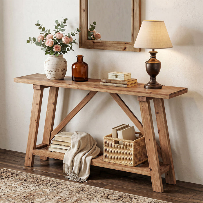 62.9" Solid Wood Console Table, Narrow Sofa Table with Storage Shelf for Entryway