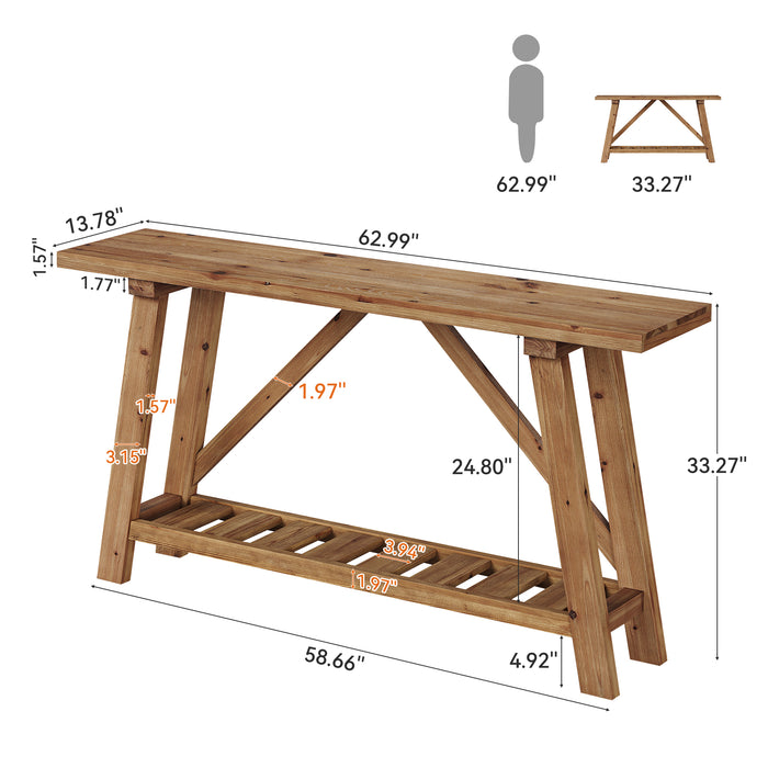 62.9" Solid Wood Console Table, Narrow Sofa Table with Storage Shelf for Entryway